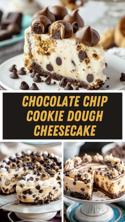 Indulge in the ultimate dessert experience with this Chocolate Chip Cookie Dough Cheesecake that combines two favorites! This layered dessert recipe features a creamy cheesecake topped with delicious cookie dough filling and chocolate chips. Perfect for any celebration or just a sweet treat at home, this easy cheesecake will wow your guests. Save this pin and treat yourself to a slice of this indulgent dessert! Chocolate Cookie Dough Cheesecake, Recipes Using Chocolate Chip Cookie Dough, Brownie Bottom Cookie Dough Cheesecake, Cheesecake Recipes Cookie Dough, Cookie Bottom Cheesecake, Cookie Dough Cheesecake Recipes, Chocolate Chip Cheesecake Recipes, Cookie Cheesecake Recipes, Cheesecake With Cookie Crust