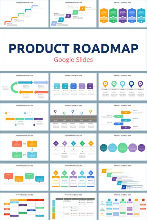 Product Roadmap Google Slides - creative design business presentation templates in the Google Slides. Ready template, easy to use. #ProductRoadmap #GoogleSlides #Design #Creative #Presentation #Slide #Infographic Product Management Infographic, Project Roadmap Design, Roadmap Slide Design, Product Roadmap Design, Product Roadmap Template, Roadmap Presentation, Powerpoint Presentation Ideas, Roadmap Infographic, Product Roadmap