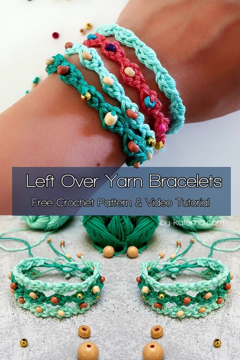 Left Over Yarn Bracelets. Crochet Pattern – ByKaterina Small Crochet Projects Beginner, Crochet And Beads Jewelry, Easy Crochet Bracelet Pattern Free, Crochet Wristband, Crochet Bracelet Beads, Crochet Bracelet Patterns, Crochet Patterns With Beads, Crochet Necklaces, Crochet Friendship Bracelet Pattern Free