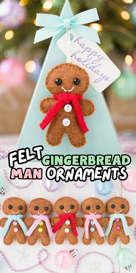 Gingerbread themed ornaments for Christmas Gingerbread Men Crafts For Kids, Diy Felt Gingerbread Man, Gingerbread Diy Ornaments, Gingerbread Ornaments Diy, Felt Gingerbread Ornaments, Gingerbread Man Ornaments, Spring Learning Activities, Felt Gingerbread Man, Gingerbread Man Crafts