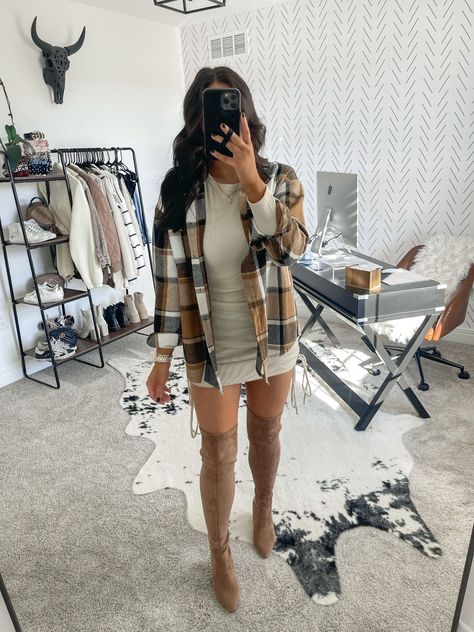 Winter Photographer Outfit, Cute Fall Going Out Outfits For Women, Boots With Bodycon Dress, Outfits With Suede Boots, 2023 Winter Outfits Women, Leather Mini Skirt Outfit Fall, Flannel And Dress Outfit, Brown Over The Knee Boot Outfit, Womens Fall Fashion 2023