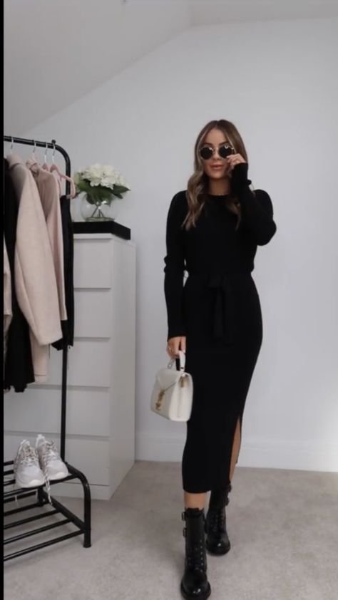 Long Black Jumper Dress Outfit, Mid Height Boots Outfit, First Date Outfit Dinner Night Casual, Black Ribbed Dress Outfits Winter, Long Black Knit Dress Outfit Winter, Chunky Boots With Dress, Long Black Skirt Outfit Work, Black Dress Autumn Outfit, Long Black Dress Outfit Winter