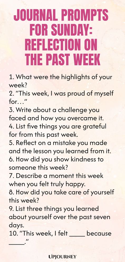 Explore these insightful journal prompts for Sunday, designed to help you reflect on the past week and set intentions for the days ahead. Take some time for self-discovery and personal growth with these thought-provoking questions. Use your journal as a tool to understand your experiences, emotions, and lessons learned from the previous week. Cultivate mindfulness and clarity as you engage with these prompts. Start your Sunday with a moment of introspection and connect with yourself on a deeper Daily Prompts, Friday Journal Prompts, Thought Provoking Questions, Sunday Reset Journal Prompts, Christian Journal Prompts, Prayer Journal Prompts, Work Etiquette, Psychology Terms, Relationship Quizzes