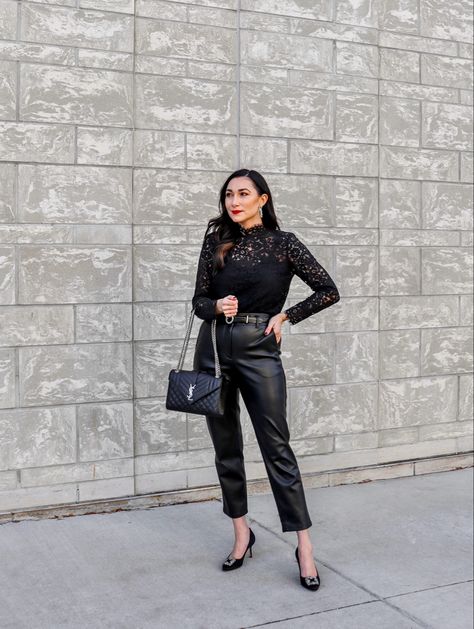 Leather And Lace Party Theme Outfit, Leather Pants Nye Outfit, Black Lace Top Outfit Classy, Leather And Lace Outfits, Black Lace Top Outfit, Fancy Dinner Outfit, Ysl Envelope Bag, Holiday Party Outfit Work, Ysl Envelope