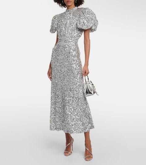 Silver Glitter Dress, Rotate Birger Christensen, Puff Sleeve Midi Dress, Birger Christensen, Dress Silver, Puff Sleeve Dress, Embellished Sandals, Glitter Dress, Roger Vivier