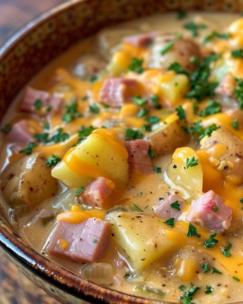 What a hearty delight! Not gonna lie, could eat this daily! Ham Stew, Souper Sunday, Ham And Potatoes, Slow Cooker Kitchen, Cheesy Potato Soup, Ham Dinner, Ham And Potato Soup, Cheesy Ham, 2024 Recipes