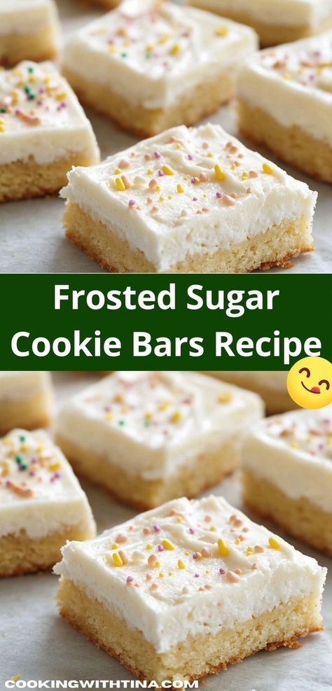 Need a fun baking project? Discover these Frosted Sugar Cookie Bars that the whole family will love! Simple to make and bursting with flavor, they are the ideal sweet treat for kids and adults alike. Frosted Sugar Cookie Bars, Sugar Cookie Dough Ideas, Sugar Cookie Cheesecake Bars, Sugar Cookie Bar, Sugar Cookie Bars Recipe, Sugar Cookie Desserts, Sugar Cookie Cheesecake, Sugar Cookie Bar Recipe, Sugar Cookie Bars