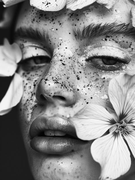 #closeup photography #portrait #flowers Flower Photography Portrait, Flower Face Photography, Unique Portrait Photography Ideas, Black And White Portrait Photography Faces, Closeup Photography Face, Female Face Black And White, Portrait Painting Ideas, Botanical Portrait, Growth Photography