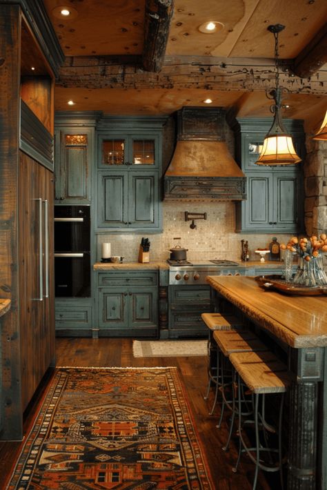 western kitchen light blue cabinets Ranch Style Kitchen Cabinets, Ranch Style Kitchen Ideas, Western Houses Ranch Style, Southwest Kitchen Ideas, Southwest Style Kitchen, Western Kitchen Ideas, Interior Design Western, Ranch Interior Design, Ranch Style Kitchen