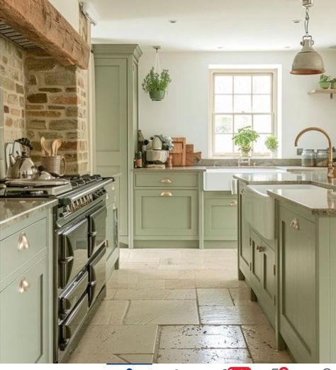 Green Victorian Kitchen, Sage Green Cabinets, Modern Cottage Kitchen, Olive Green Kitchen, Boho Decor Ideas, Kitchen Larder, Sage Green Kitchen, Brick Kitchen, Victorian Kitchen