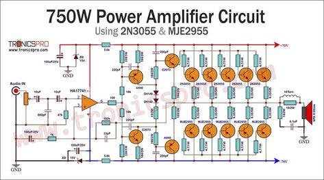 750W Power Amplifier Circuit Diagram using 2N3055 & MJE2955 Subwoofer Amplifier Circuit Diagram, Power Amplifier Circuit Diagram, Preamplifier Circuit Diagram, Amplifier Circuit Diagram, Simple Electronic Circuits, Amplificatori Audio, Hifi Amplifier, La4440 Amplifier Circuit Diagram, Tda7265 Amplifier Circuit