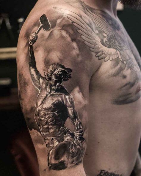 Tattoo artist Adrian Lindell Grey Realism Tattoo, Myth Tattoo, Hermes Tattoo, Gladiator Tattoo, Tattoo Realism, Power Tattoo, Men Tattoos Arm Sleeve, Greek Mythology Tattoos, Half Sleeve Tattoos For Guys