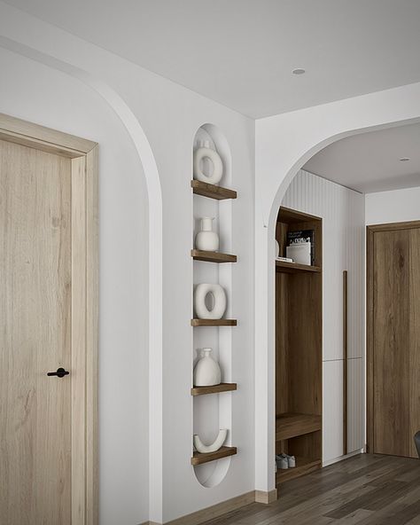 Bathroom Privacy Wall, Arch Wall With Shelves, Wall Arch With Shelves, Plasterboard Shelves, Niches Design Wall, Inset Arch Shelf, Arch Wall Niche, Recessed Arch Shelves, Plaster Of Paris Shelf