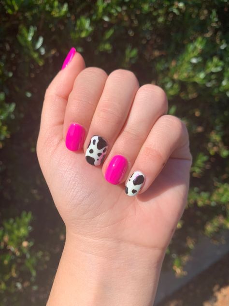 Hot pink cowprint summer nails Cow Nails With Pink, Pink And Cow Print Nails, Hot Pink Cow Print Nails, Pink Cowprint Nails, Bright Summer Gel Nails, Hot Pink Cow Print, Pink Cow Print Nails, Hot Pink Summer Nails, Hands Pretty