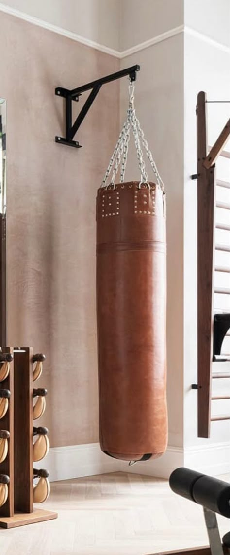 Boxing Area At Home, Hanging Punching Bag Ideas, Boxing Setup At Home, Home Gym Boxing Bag, Punching Bag Bedroom, Leather Punching Bag, Punching Bag Home Gym, Punching Bag In Apartment, Hanging Punching Bag