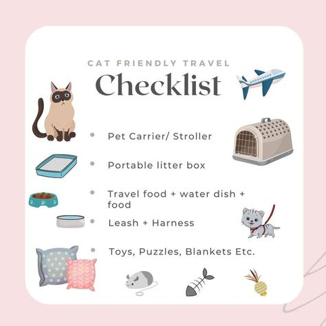 cat travel list Traveling Checklist, Cat Travel, Travel Checklist, Pet Carriers, Cat Care, Cat Friendly, Litter Box, Travel Food, Road Trips