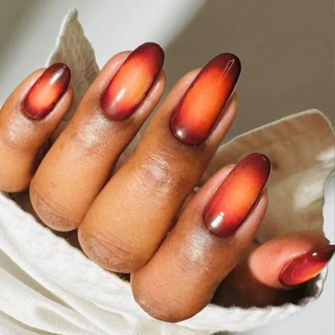 17 Burnt Orange Nail Designs That Are Fitting for Fall Orange Aura Nails, Aura Nail Art, Aura Nail, Gel Nail Ideas, Orange Nail Art, Chrome Manicure, Sheer Polish, Nutrition And Mental Health, Aura Nails