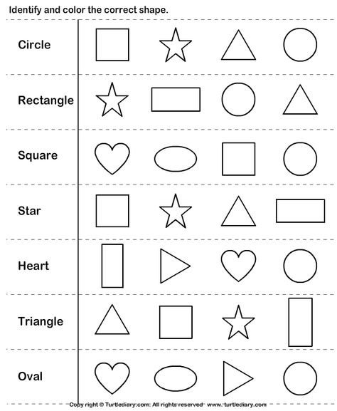 Download and print Turtle Diary's Identify and Color the Shape worksheet. Our large collection of math worksheets are a great study tool for all ages. Kertas Kerja Prasekolah, Shape Worksheets For Preschool, Shapes Worksheet Kindergarten, Worksheet Kindergarten, Materi Bahasa Inggris, Shape Coloring Pages, Shapes Kindergarten, Printable Shapes, English Activities For Kids