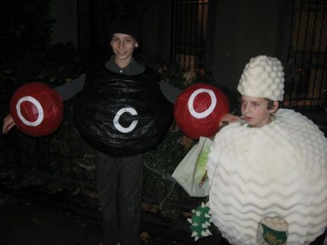 Carbon dioxide and a white blood cell Science Costume Ideas, Excorsist Costume Diy, Weird Science Halloween Costume, A24 Costumes, Science Costumes, Meme Diy Halloween Costumes, Friend Costumes, Halloween Science, White Blood