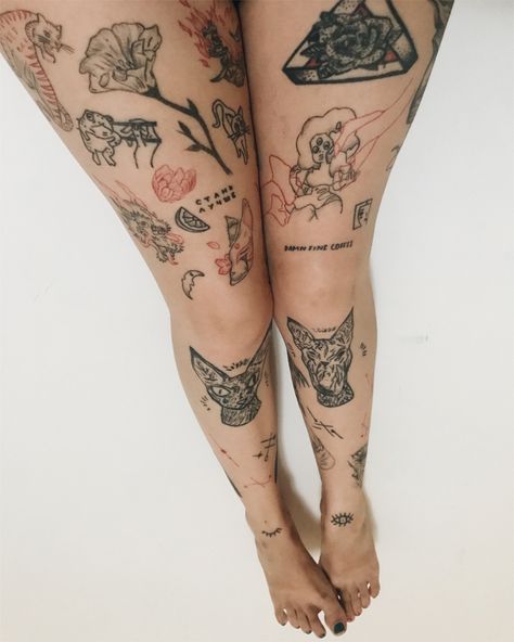 Thick Leg Tattoo, Linework Leg Sleeve, Funny Leg Tattoo, Sticker Leg Sleeve Tattoos, Leg Tattoo Layout, Flash Tattoo Leg Sleeve, Horizontal Leg Tattoo, Full Leg Patchwork Tattoos, Hot Leg Tattoos