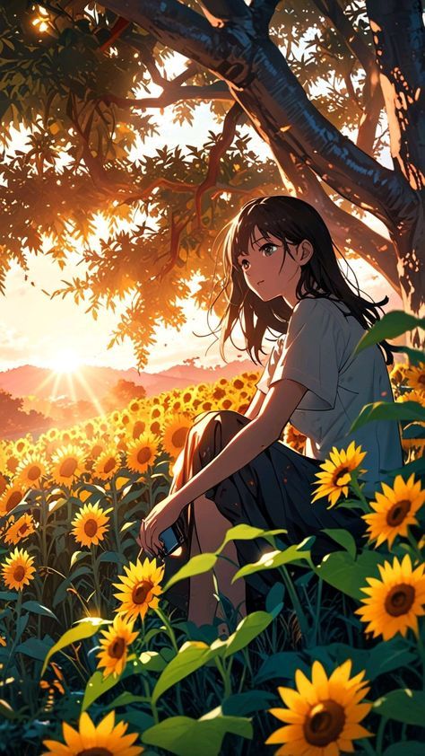 Anime Nature Wallpaper, Anime Wallpaper For Iphone, Anime Nature, Iphone Image, Sunflower Girl, Captain America Wallpaper, Sunset Time, Flowers Photography Wallpaper, Woman Walking