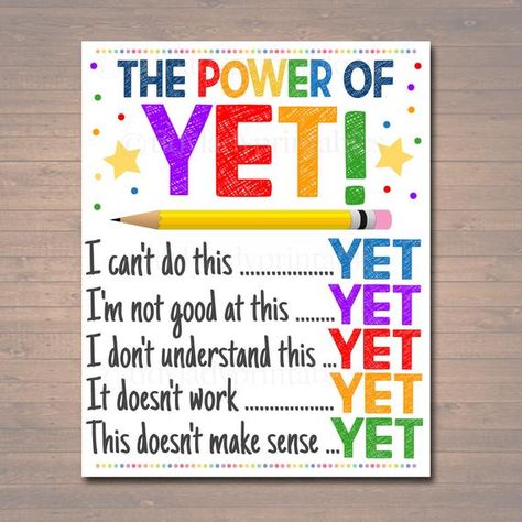 The Power of Yet Printable Poster, Growth Mindset, INSTANT DOWNLOAD, Motivational Wall Art, School Office Classroom Teacher Decoration Art Classroom Motivational Wall, Easy Classroom Decor High Schools, Preschool Motivational Quotes, The Power Of Yet Poster, School Office Decorating Ideas, Growth Mindset Art, Fun Classroom Decor, Growth Mindset Classroom Decor, Teacher Classroom Posters