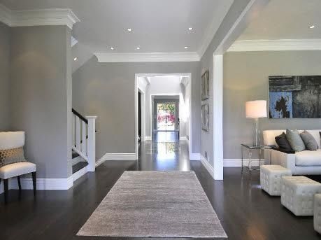 Greige Living Room, Grey Hardwood Floors, Hardwood Bedroom, Bedroom Dark, Grey Wood Floors, White Molding, Hardwood Floors Dark, Dark Hardwood, Gray Walls