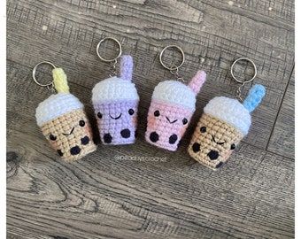 Boba Amigurumi, Boba Keychain, Crochet Parrot, Thai Milk Tea, Matcha Milk, Bar Keychain, Girls Keychain, Sweet 16 Gifts, Hand Stamped Keychain