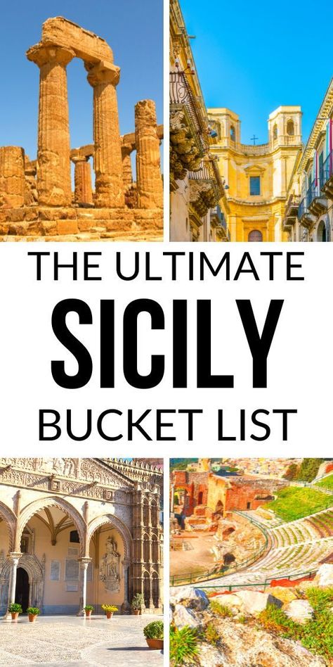 Images from Sicily Italy (clockwise from top left): Greek ruins of Agrigento, Streets of Noto, Taormina theater, and Palermo Cathedral. Things To Do In Sicily, Southern Italy Travel, Italy Culture, Italy Trip Planning, Visit Sicily, Sicily Travel, Italy Destinations, Explore Italy, Italy Travel Tips