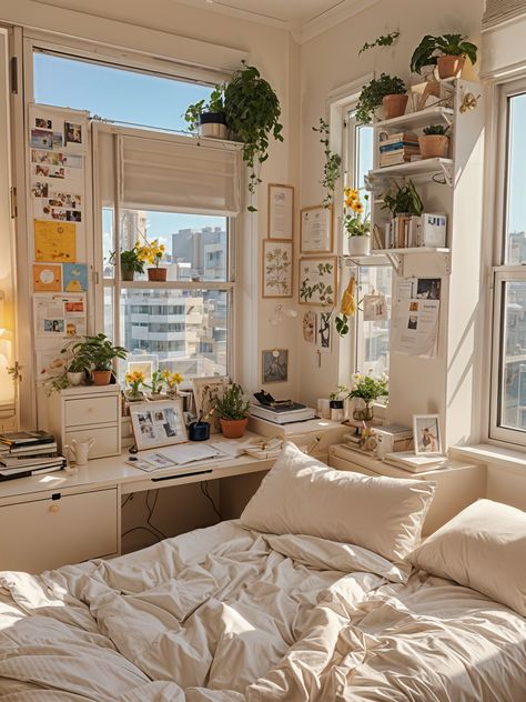 Plants Next To Window, Cozy Plants Bedroom, Garden Dorm Room, Plants In Dorm Room, Green Theme Dorm Room, Large Studio Apartment Ideas, Dorm Room With Plants, Plant Dorm Room College, Plant Dorm Room