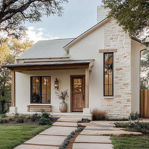 White Boho House Exterior, Modern Cozy Home Exterior, White Board And Batten Exterior With Rock, Cottage Modern Exterior, White House Wood Accents, White And Wood Exterior House, Boho Farmhouse Exterior, One Story Home Exterior, Cream Stucco House Exterior