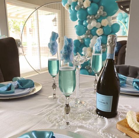 Blue Cotton Candy Champagne, Blue Cotton Candy Drink, Blue Themed Brunch, Light Blue Bridal Shower Ideas, Cotton Candy Mimosa, Light Blue Bachelorette Party, Blue Fruit Punch, Engagement Party Drink, Bridal Party Foods