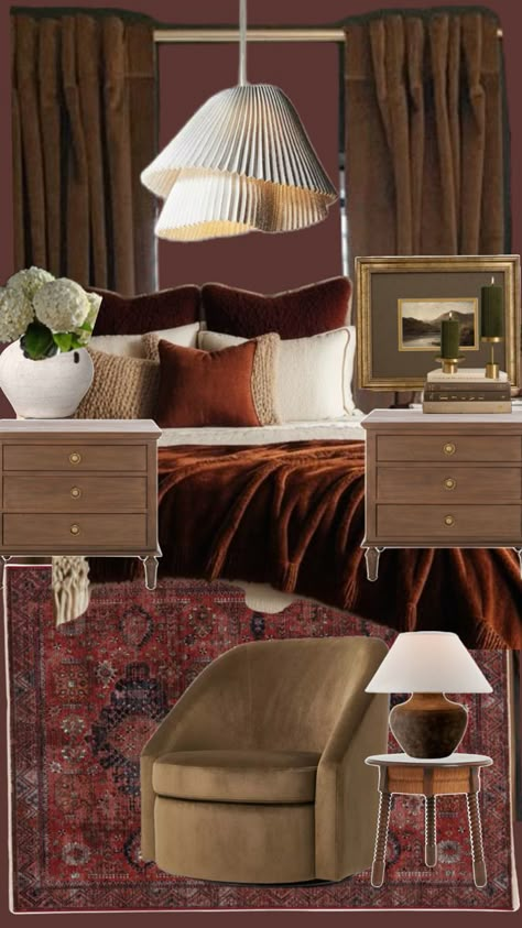 Dark vintage moody bedroom inspo Burgundy And Brown Bedroom Ideas, Burgundy Bedding Bedroom Ideas, Dark Maroon Room, Olive And Plum Bedroom, Burgundy Nightstand, Moody Burgundy Bedroom, Maroon Walls Bedroom, Maroon Wall Bedroom, Dark Mauve Bedroom