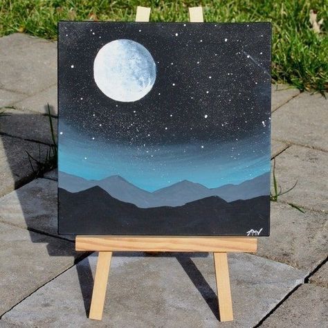 Night Sky Acrylic Painting, Galaxy Painting Acrylic, Sunset Canvas Painting, Sky Art Painting, A Starry Night, Simple Canvas Paintings, Easel Stand, Cute Canvas Paintings, Moon Painting