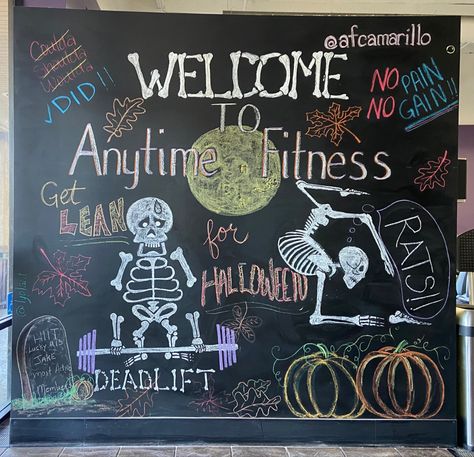 This is one of a series of gym chalkboard murals created for decoration and motivation. This one is Halloween themed. Anytime Fitness Chalkboard, Gym Chalkboard, Chalkboard Mural, Summer Chalkboard Art, Summer Chalkboard, Halloween Chalkboard, Gym Chalk, Smoothie King, Gym Quotes