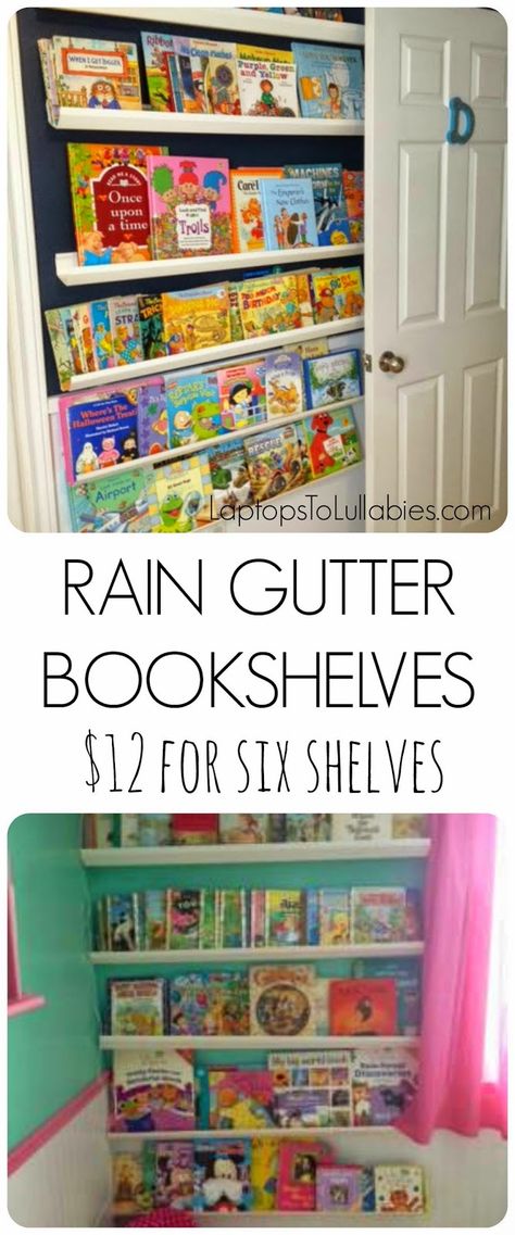 TUTORIAL: Plastic rain gutter bookshelves t // My Handmade Home // By Heather Laura Clarke #DIY #storage Gutter Bookshelf, Light Grey Paint, Light Grey Paint Colors, Light Paint Colors, Classroom Hacks, Metal Bookshelf, Light Gray Paint, Grey Paint, Rain Gutters