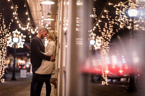 Christmas Lights Engagement, Nighttime City Engagement Photos, Christmas Downtown Photoshoot, Christmas Light Engagement Photos, Downtown Winter Engagement Photos, Evening Engagement Photos, Christmas Lights Engagement Photos, Downtown Christmas Photo Shoot, Couples Christmas Lights Pictures