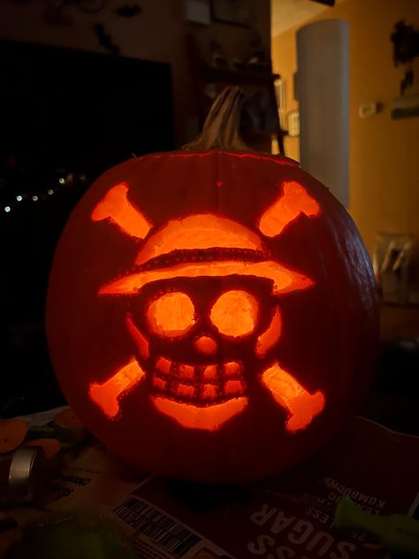 For this year I made my pumpkin - the jolly roger flag for Luffy & his crew. #onepiece #Luffy #Halloween #pumkin #jackolantern Jack O Lantern Spiderman, Anime Jackolantern Ideas, One Piece Pumpkin, Captain Hook Pumpkin Carving, One Piece Pumpkin Carving, Anime Jack O Lantern, Pirate Jack O Lantern, Pirate Carved Pumpkin, Jolly Roger Flag