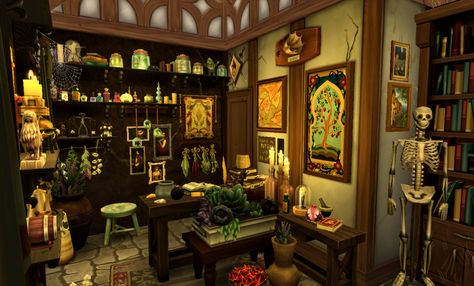 Mod The Sims - Miriam's Mysterious Materials - Witch's Shack & Shop Sims 4 Potions Shop, Sims Witch Cottage, Mystery Shop, Sims 4 Witch Bedroom, Sims 4 Witch House Interior, Sims 4 Witch House Cc, Sims 4 Witch Room, Sims Witch House, Sims 4 Apothecary