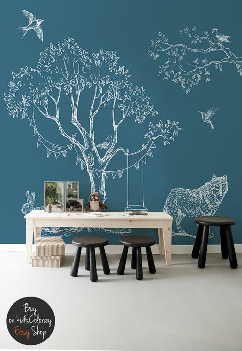 Sketched Forest Animals Birds Wolf Rabbit Blue wallpaper | Etsy Wolf Rabbit, Murals For Kids, Bold Wallpaper, Kids Room Wallpaper, Kids Wall Decals, Metal Ceiling, Tropical Theme, Stunning Wallpapers, False Ceiling