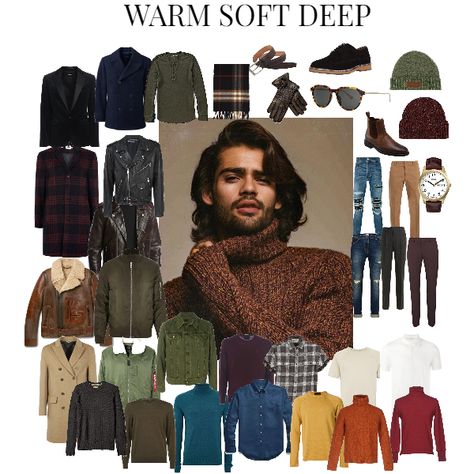 WARM SOFT DEEP - Fashion look - URSTYLE Dark Autumn Mens Fashion, Dark Autumn Color Palette Men, Deep Autumn Mens Fashion, Dark Autumn Outfits Men, Deep Autumn Color Palette Men, Soft Autumn Outfits Men, Dark Autumn Men, Deep Autumn Fashion, Deep Autumn Men Outfits