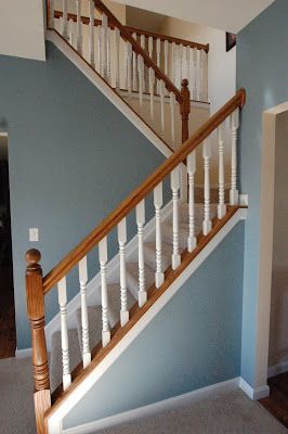 Hall Painting Ideas, Staircase Paint, Painted Spindles, Staircase Painted, Staircase Banister Ideas, Foyer Door, Fabric Baby Gates, Painted Stair Railings, Painted Staircase