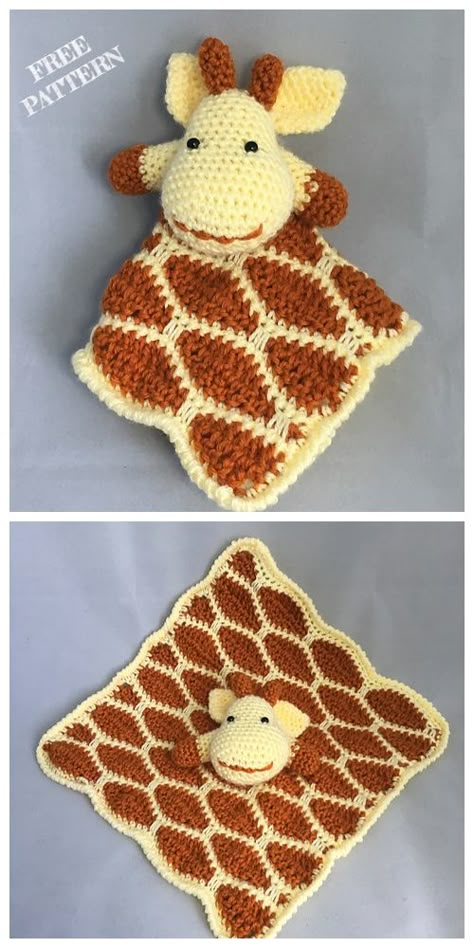 Giraffe Baby Lovey Blanket Free Crochet Patterns Giraffe Lovey Crochet, Lovey Crochet Pattern Free, Giraffe Haken, Giraffe Baby Blanket, Minion Crochet Patterns, Giraffe Lovey, Giraffe Blanket, Blankets Crochet, Minion Crochet