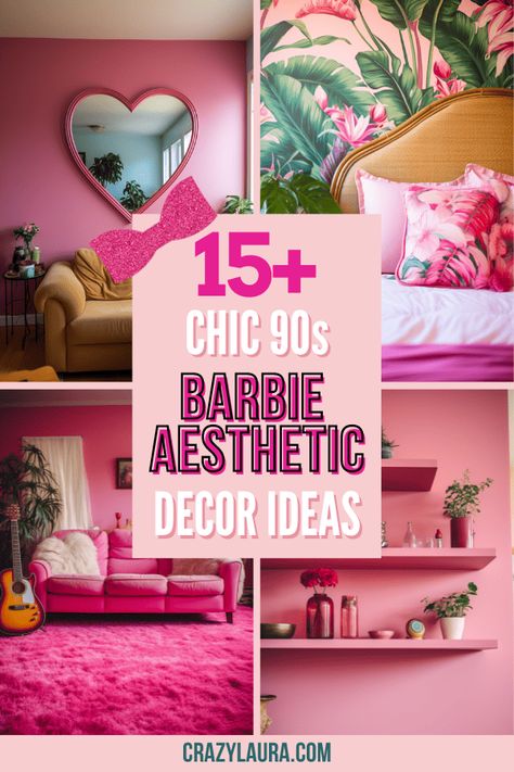 Achieving the perfect 90s Barbie aesthetic decor is easy if you focus on a mix of girly details, kitschy items, and simple statement pieces. #Barbie #HomeDecor #InteriorDesign Barbiecore Room, 90s Barbie Aesthetic, Aesthetic Decor Ideas, Barbie Room Decor, Hot Pink Room, Pink Shag Rug, Travel Dollhouse, Crazy Laura, Neon Heart Light