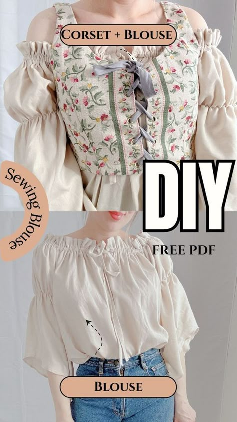 Sewing Free Patterns Women, Cottagecore Corset Pattern, Pirate Shirt Sewing Pattern, Free Historical Sewing Patterns, Cottagecore Diy Clothes, Ren Faire Sewing Patterns Free, Sewing Top Patterns Free, Free Cottagecore Sewing Patterns, Corset Diy Pattern