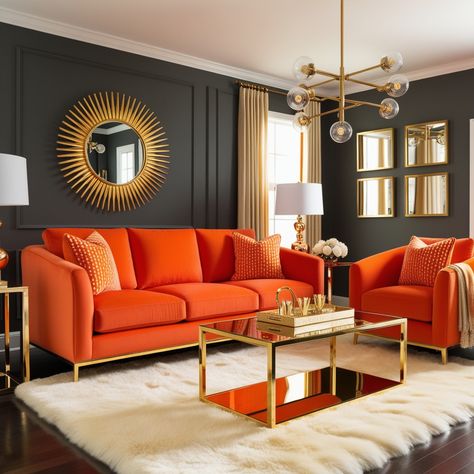 36 Bright and Stylish Orange Living Room Ideas to Elevate Your Space - Style Zuri Orange Sofa Living Room Ideas, Orange Sofa Living Room, Orange Couch Living Room, Orange Living Room Ideas, Walnut Wood Furniture, Orange Accent Chair, Renovation Living Room, Orange Living Room, Sofa Living Room Ideas