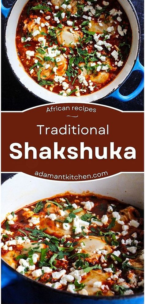 Dive into the rich flavors of a traditional shakshuka recipe, a jewel among Tunisian recipes. Eggs poached in a spicy tomato sauce create an absolute flavor explosion, perfect for dinner or brunch. A classic in African recipes & African food, garnished with feta and parsley. Discover more whole food recipes and north African recipes at adamantkitchen.com. North African Recipes, Traditional Shakshuka, Traditional Shakshuka Recipe, Tunisian Recipes, African Food Recipes, How To Make Shakshuka, Eggs For Dinner, Recipes African, Eggs Poached