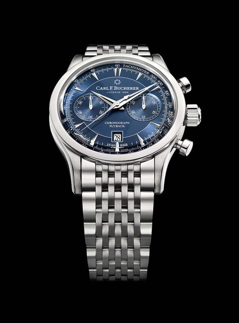 Showing at WatchTime Live 2020: Carl F. Bucherer Manero Flyback Models in Bright Blue | WatchTime - USA's No.1 Watch Magazine Carl F Bucherer, Luxury Timepieces, Lucerne, Telling Time, Fine Watches, Vintage Racing, The Horizon, Mechanical Watch, Steel Bracelet