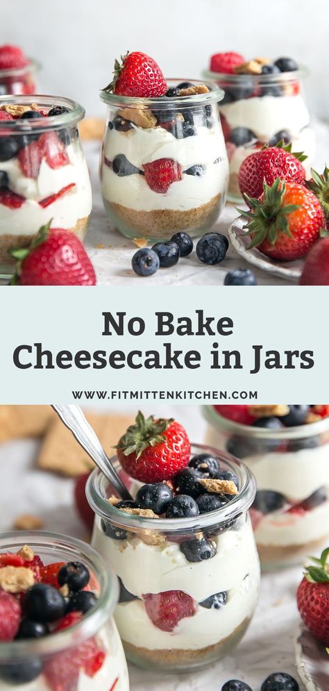 No Bake Cheesecake in a jar! Made with greek yogurt for a quick, light and easy dessert! No-bake and ready in minutes with just 7 ingredients. This recipe can be made keto friendly and gluten free. Perfect dessert layered with berries. Gluten Free Cheesecake In A Jar, No Bake Cheesecake In Jars, Cheesecake Jars No Bake, Gluten Free Wedding Desserts, No Bale Cheesecake, August Desserts, Light Desserts Easy, No Bake Cheesecake Cups, Desserts In A Cup