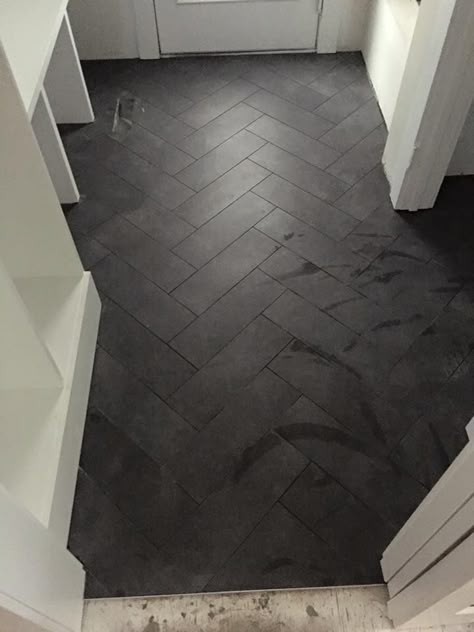 Black Herringbone Tile Bathroom, Tile Bathroom Floor Ideas, Black Herringbone Tile Floor, Tile Herringbone Floor, Black Bathroom Floor Tiles, Black Tile Bathroom, Limestone Bathroom Floor, Black Tile Bathroom Floor, Bathroom Floor Ideas